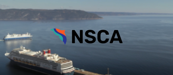 Logo of NSCA (North Shore Community Association) against a blurred background of a region with water