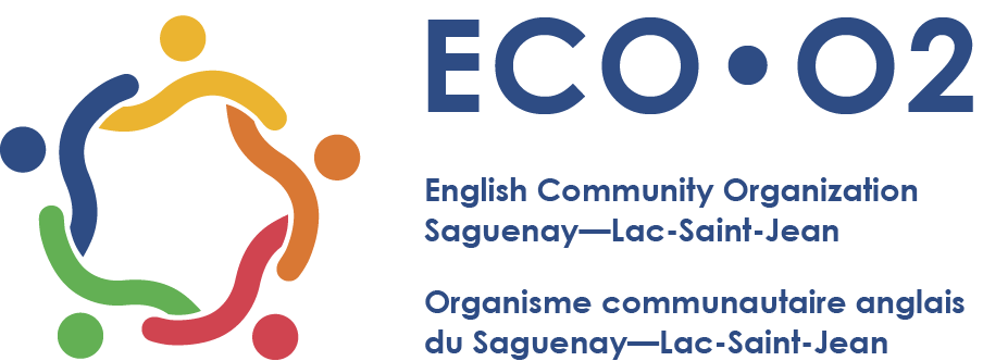 Logo of ECO O2; English Community Organization Saguenay- Lac-Saint-Jean translated to French as Organisme communautaire anglais du Saguenay-Lac-Saint-Jean