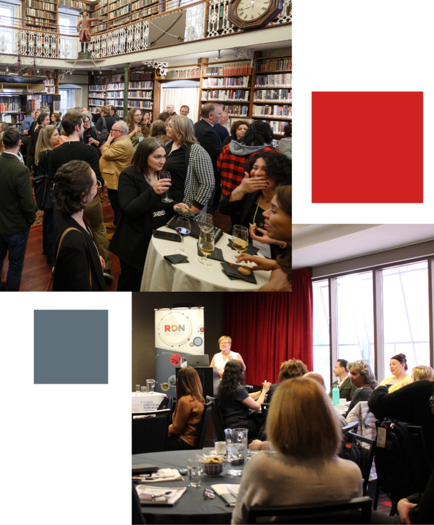 Collage with first frame of people in a library, holding wine glasses and having conversations. Second picture in the right hand corner is a presentation by Cathy Brown who is standing by an RDN poster, with people listening attentively.